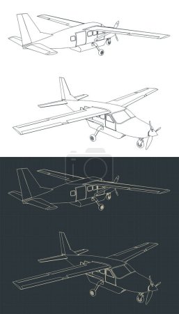 Illustration for Stylized vector illustrations of blueprints of light single-engine turboprop aircraft - Royalty Free Image
