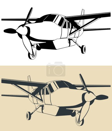 Téléchargez les illustrations : Illustrations vectorielles stylisées d'un avion monomoteur léger à turbopropulseurs gros plan - en licence libre de droit