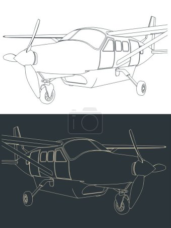 Illustration for Stylized vector illustrations of light single-engine turboprop aircraft close up - Royalty Free Image