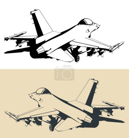 Téléchargez les illustrations : Dessin stylisé d'un avion militaire moderne F-16 chasseur léger multirôle - en licence libre de droit
