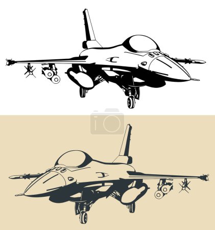 Téléchargez les illustrations : Dessin stylisé d'un avion militaire moderne F-16 chasseur léger multirôle - en licence libre de droit