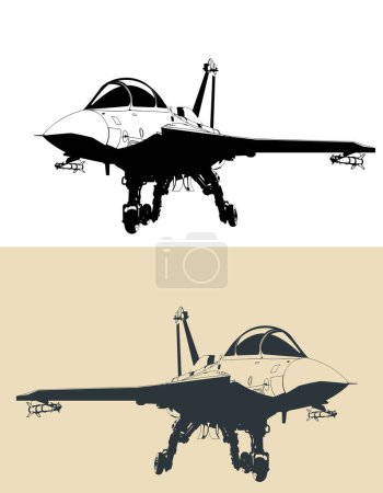 Téléchargez les illustrations : Dessin stylisé d'un jet militaire moderne basé sur un porteur léger - en licence libre de droit
