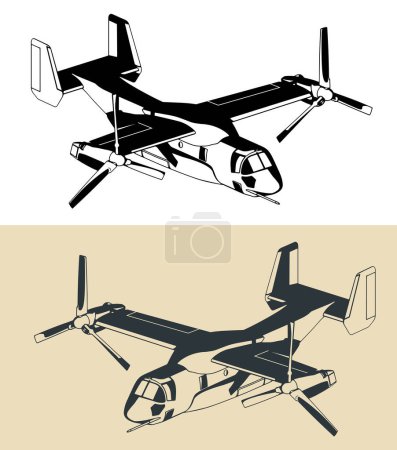 Téléchargez les illustrations : Illustration vectorielle stylisée d'un avion militaire V-22B Osprey tiltrotor - en licence libre de droit