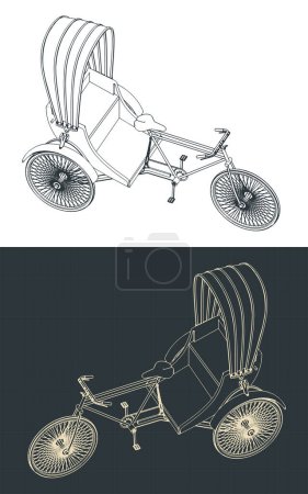 Illustration for Stylized vector illustrations of blueprints of three wheeled man-powered vehicle - Royalty Free Image