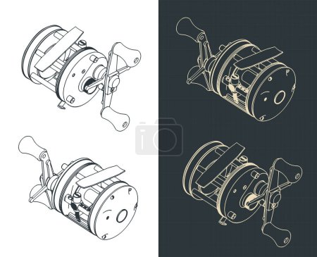 Illustration for Stylized vector illustrations of isometric blueprints of fishing reel - Royalty Free Image