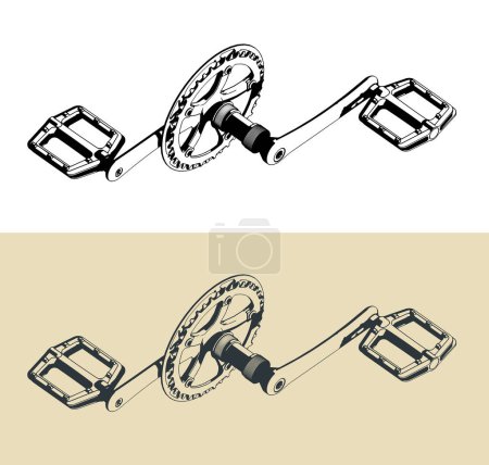 Vektor-Illustrationen eines Fahrradteils. Fahrradkurbel mit Pedalen