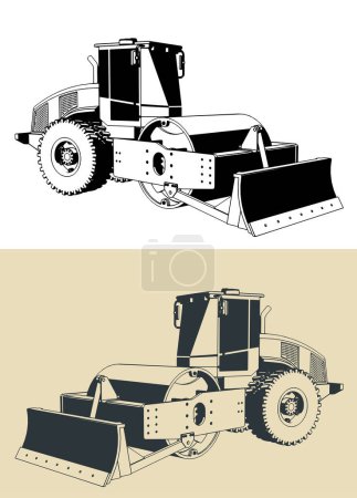Stylized vector illustrations of road roller