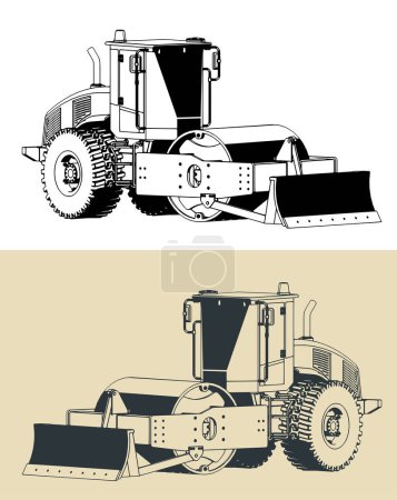 Stylized vector illustrations of road roller compactor