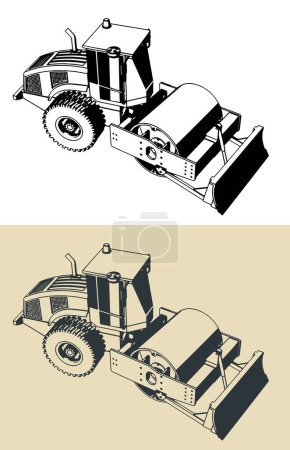 Illustrations vectorielles stylisées du compacteur à rouleaux de route