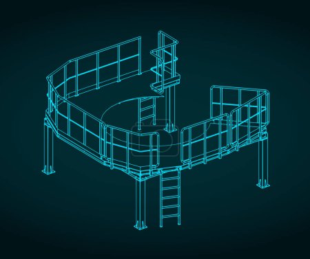 Stylized vector illustration of an isometric blueprint of a service metal structure platform