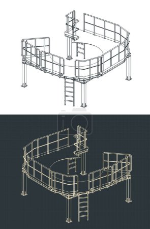 Ilustraciones vectoriales estilizadas de planos isométricos de una plataforma de estructura metálica de servicio
