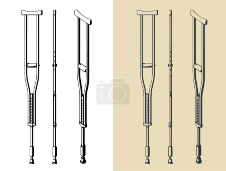 Stylized vector illustrations of aluminum adjustable crutches