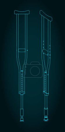 Stylized vector illustrations of blueprint of aluminum adjustable crutches