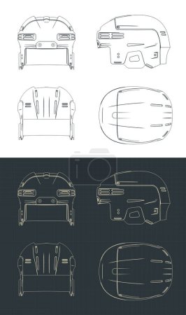 Stylized vector illustrations of blueprint of hockey helmet