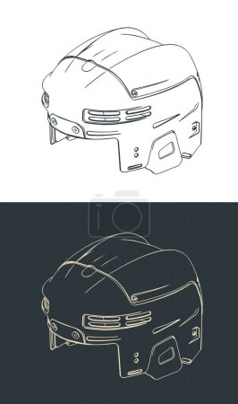 Stylized vector illustrations of isometric blueprints of hockey helmet