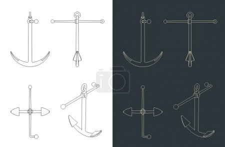 Stylized vector illustrations of blueprint of kedge anchor