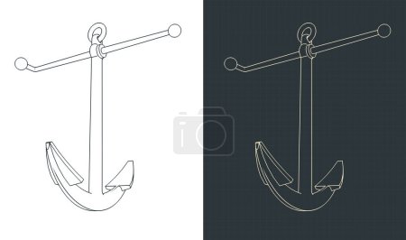 Stylized vector illustrations of isometric blueprints of kedge anchor