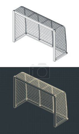 Stylized vector illustrations of isometric blueprints of mini-football gates