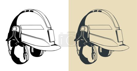 Stilisierte Vektorillustrationen von Industrieschutzhelmen mit Ohrenschützer