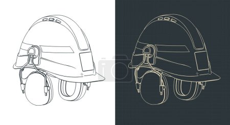 Stylized vector illustrations of isometric blueprints of industrial safety helmet with ear muffs
