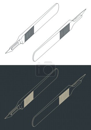Stylized vector illustrations of isometric blueprints of scalpel