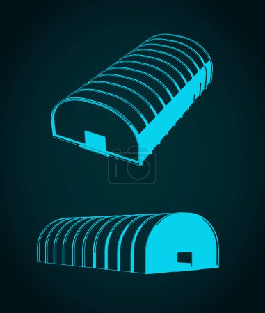 Stylized vector illustrations of a military hangar