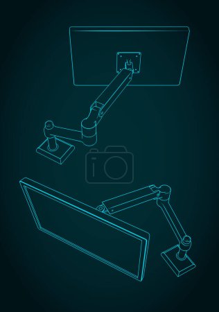 Stylized vector illustrations of blueprint of single monitor arm mount