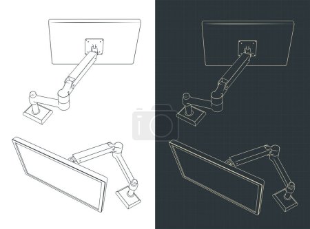 Stylized vector illustrations of blueprints of single monitor arm mount