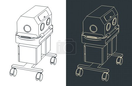 Stylized vector illustrations of isometric blueprints of a baby Incubator
