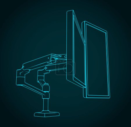 Stylized vector illustration of blueprint of dual monitor mount