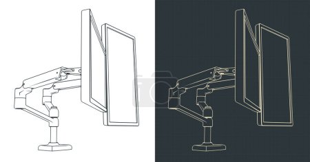 Stylized vector illustrations of blueprints of dual monitor mount