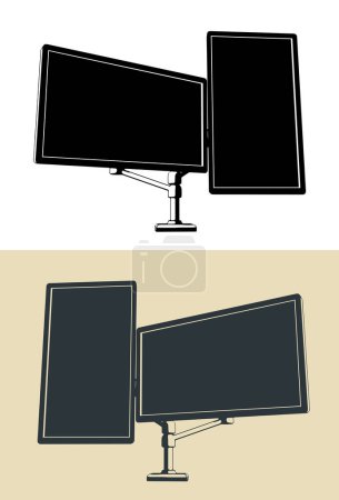 Stylized vector illustrations of dual monitor mount