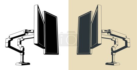 Stylized vector illustrations of dual monitor mount
