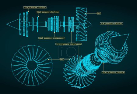 Stylized vector illustration of drawings of a jet engine compressor