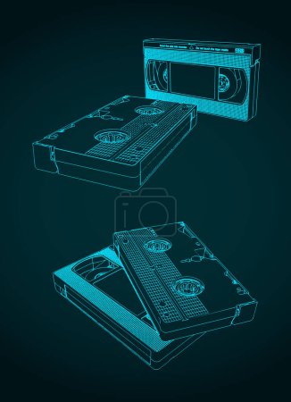 Ilustración vectorial de cinta de casetes VHS en diferentes ángulos