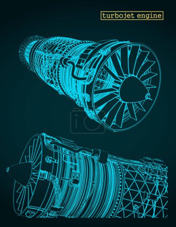 Stylized vector illustration of drawings of a turbojet engine