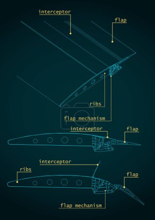 Stylized vector illustration of Aircraft Wing Structure and flaps systems drawings
