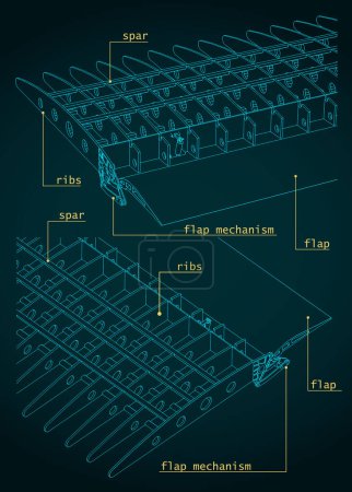 Stilisierte Vektorillustration von Flugzeugflügelstrukturen und Klappensystemen
