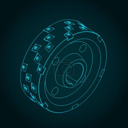 Stylized vector illustration of isometric blueprint of disc mill cutter