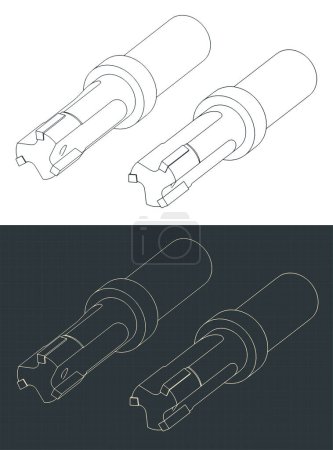 Stylized vector illustrations of isometric blueprints of metal reamer