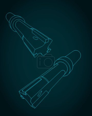 Stylized vector illustrations of blueprints of metal reamer tools