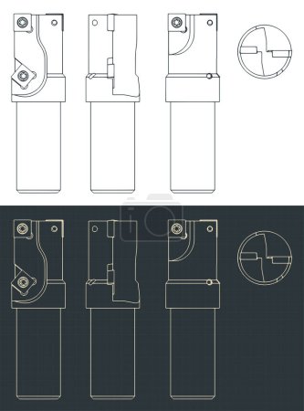 Stylized vector illustrations of blueprints of tool for machining aluminum parts