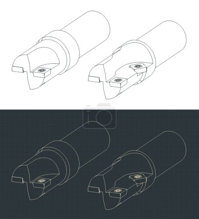 Stylized vector illustrations of isometric blueprints of tool for machining aluminum parts