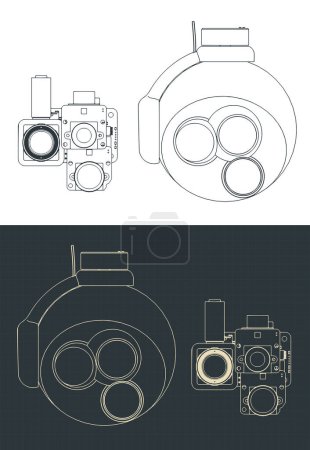 Stylized vector illustrations of blueprints of enclosed ball gimbal camera