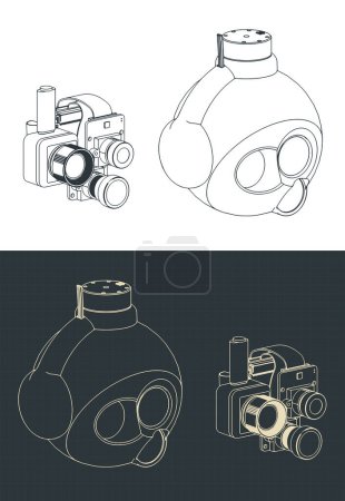 Stilisierte Vektor-Illustrationen isometrischer Baupläne einer geschlossenen Ball-Gimbal-Kamera