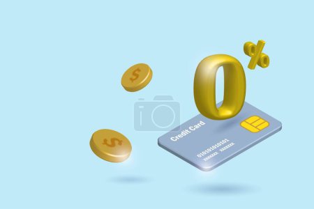 Illustration for 0% interest free rate in credit card with falling gold coins. Money spending, Financial, banking hot promotion for online shopping concept. 3D realistic vector. - Royalty Free Image