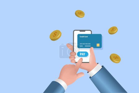 Illustration for Businessman hand using mobile app pay for credit card bill. Smartphone application and financial technology. 3D realistic vector. - Royalty Free Image