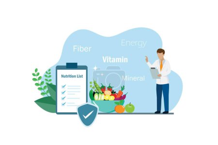 Illustration for Nutritionist doctor with healthy vegetable foods and diet control plan. Weight loss program service business for healthy body. - Royalty Free Image