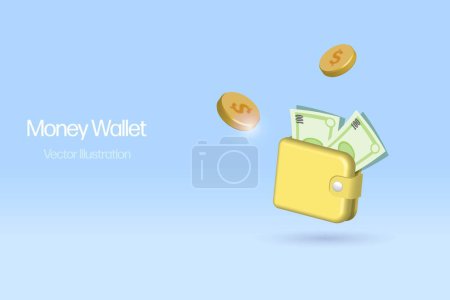 Illustration for Money wallet, purse with money and gold coins. For financial savings, cost of living and investment concept. 3D vector. - Royalty Free Image