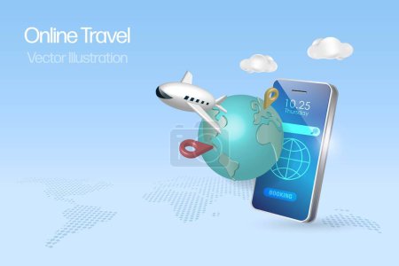 Online Reisen, Online Buchungskonzept. Flugzeuge fliegen per Smartphone-App. Reservierung Flugticket, Reisen mit dem Flugzeug, um die Welt zu erkunden. Realistischer 3D-Vektor.